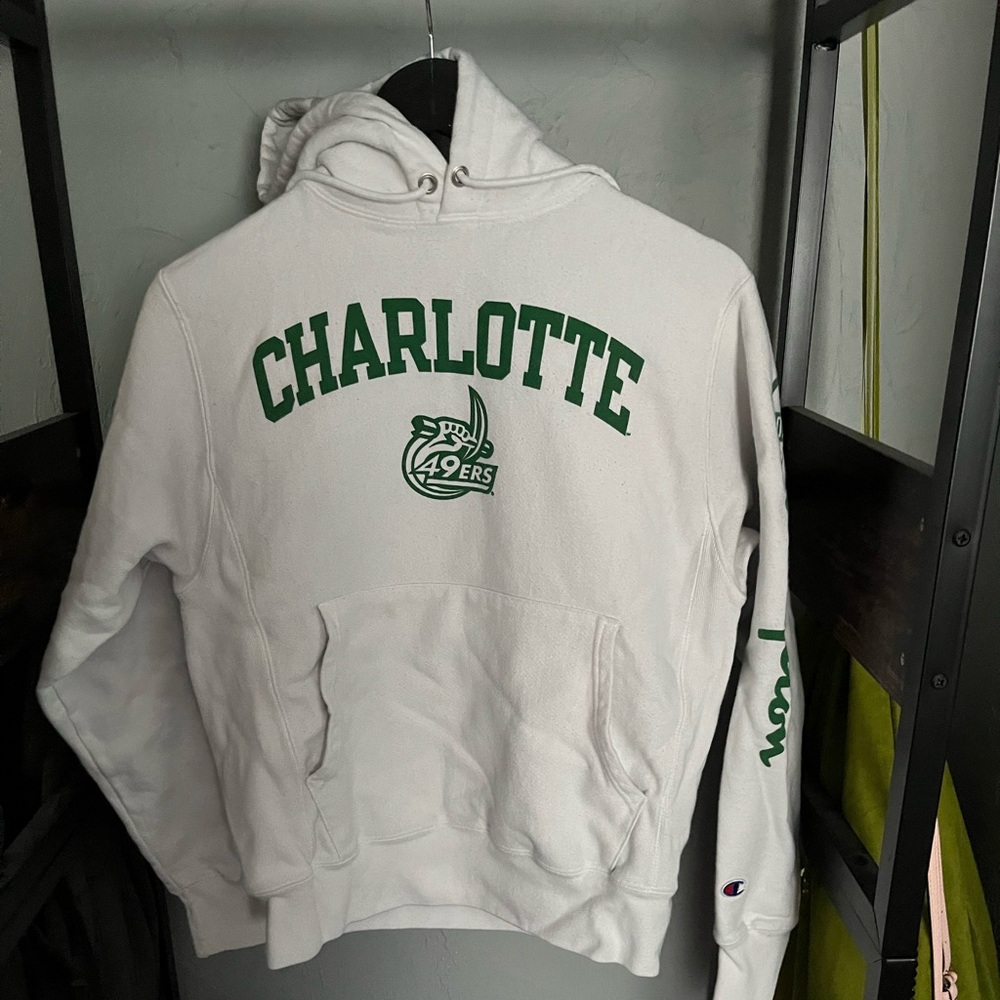 UNCC Champion White Hoodie with Green Charlotte Logo